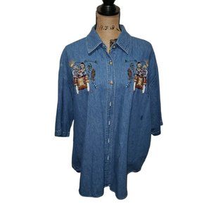 Quizz  New York Vintage  1990's Embroidered Denim Christmas Button down shirt